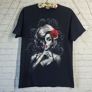 Fruit of the Loom Marilyn Monroe Tattoo Rose Skull Black Tee Tshirt Mens Size M